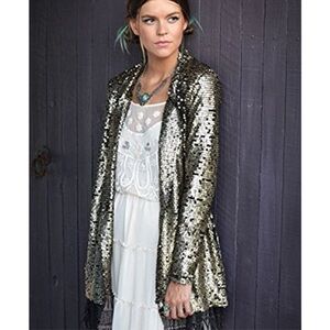 Free People Antique Gold Sequin Blazer Jacket SZ Small Festival Party